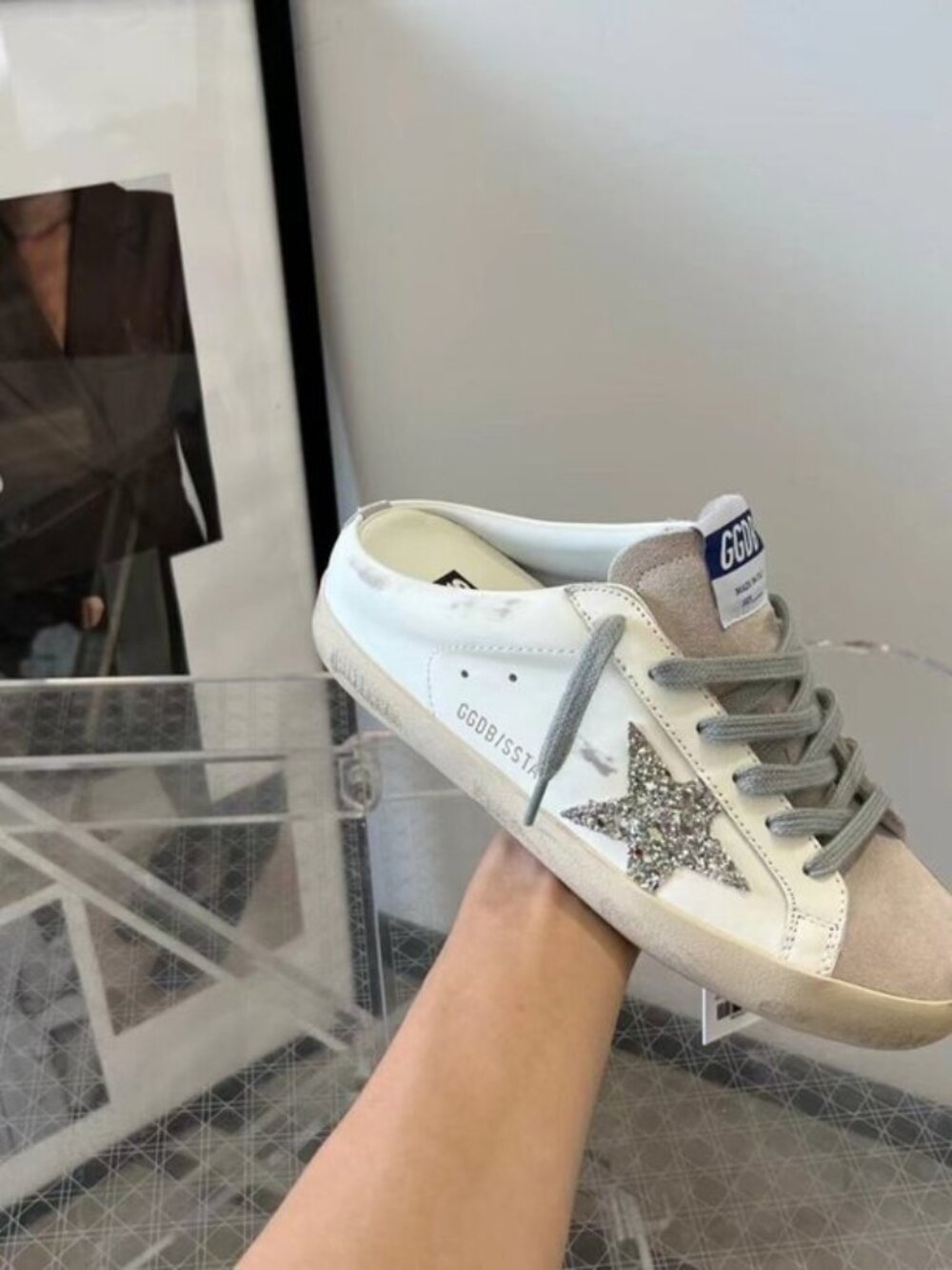 Golden Goose Super-Star sabot Women's Sneakers with Silver Glitter Star - Picture 4 of 5
